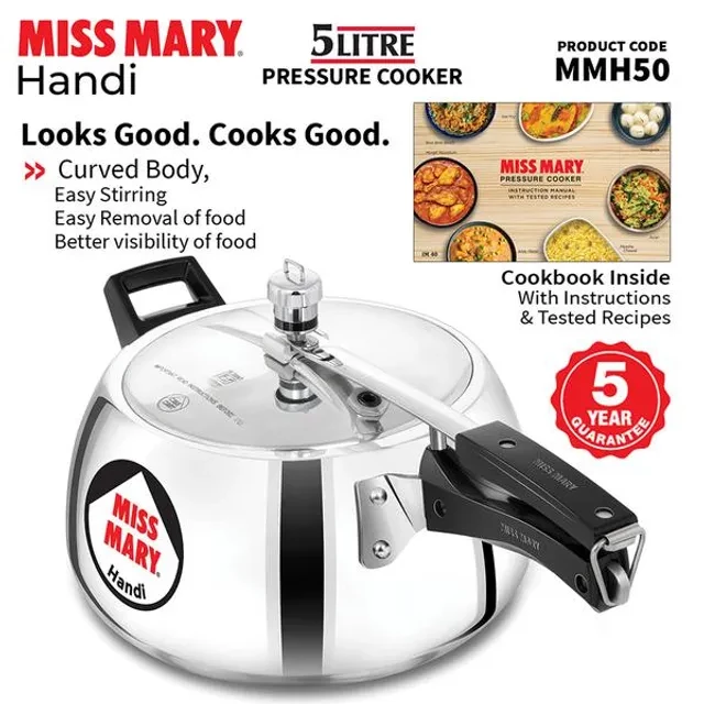 Hawkins Miss Mary Aluminium Inner Lid Handi Pressure Cooker - With Handle, Silver, MMH50, 5 l-4.webp